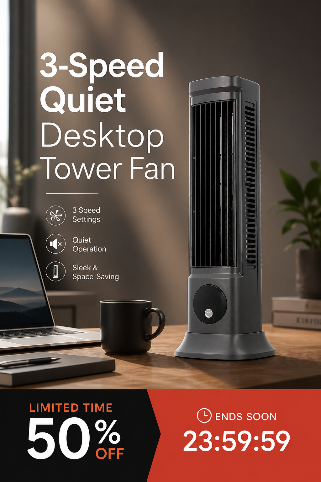 3-Speed Quiet Desktop Tower Fan