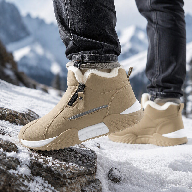 Men's Fleece Lined Leather Casual High Top Sneakers, Warm Winter Side Zipper Ankle Boots, Non-slip Outdoor Cold Weather Shoes