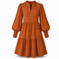 Women's V-Neck Tiered Ruffle Mini Dress, Long Sleeve Smocked Cuffs Casual Dress With Front Pocket, Flowy Fall Dress S-5XL