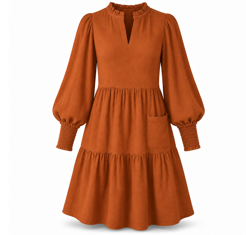 Women's V-Neck Tiered Ruffle Mini Dress, Long Sleeve Smocked Cuffs Casual Dress With Front Pocket, Flowy Fall Dress S-5XL