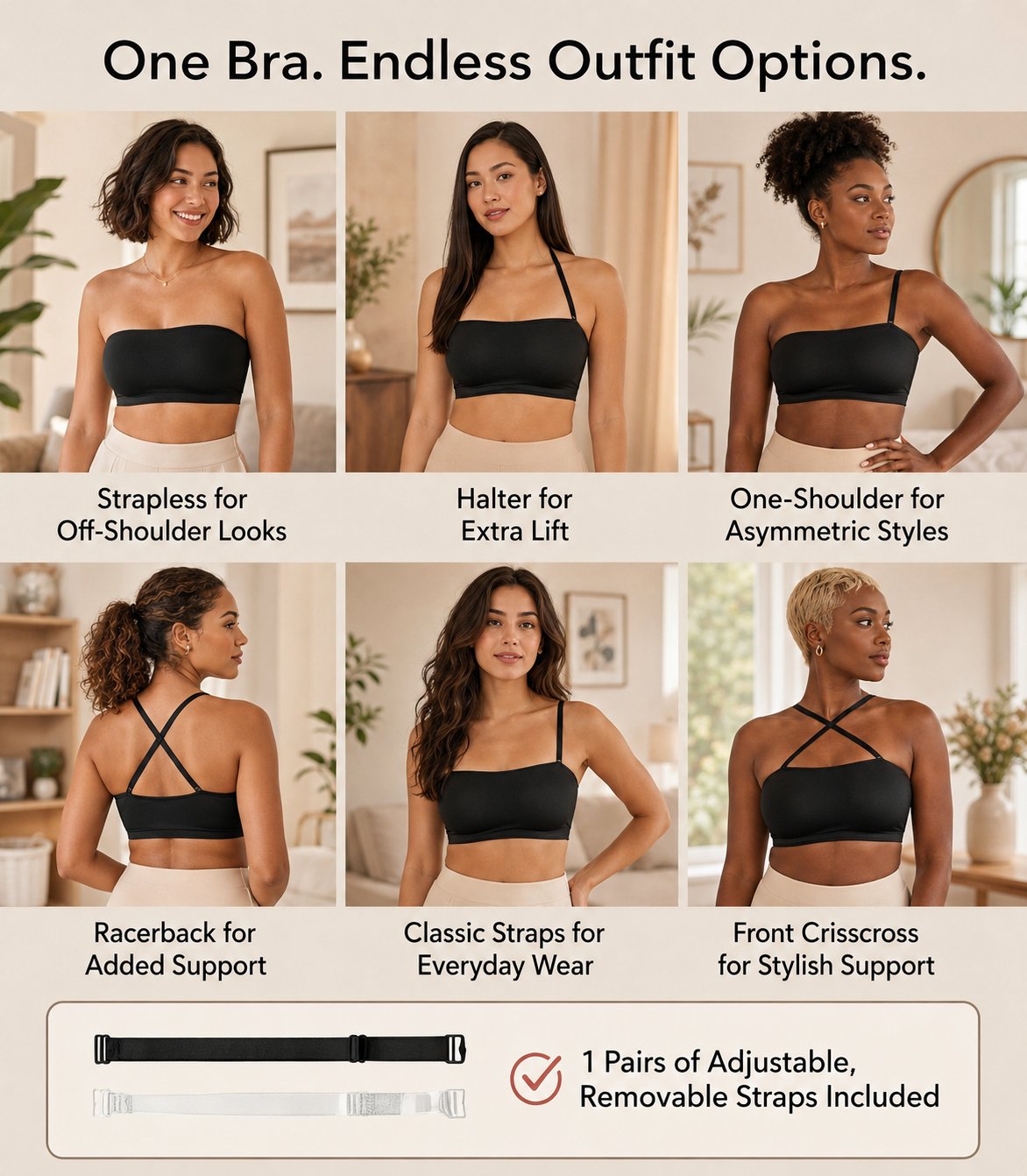 📢📢LIMITED-TIME  35%!!☀️Anti-Slip Grip & Removable Straps✨Convertible Strapless Bandeau Bra with Wireless Comfort👍Suitable for All Body Types