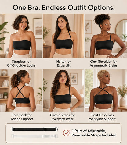 📢📢LIMITED-TIME  35%!!☀️Anti-Slip Grip & Removable Straps✨Convertible Strapless Bandeau Bra with Wireless Comfort👍Suitable for All Body Types