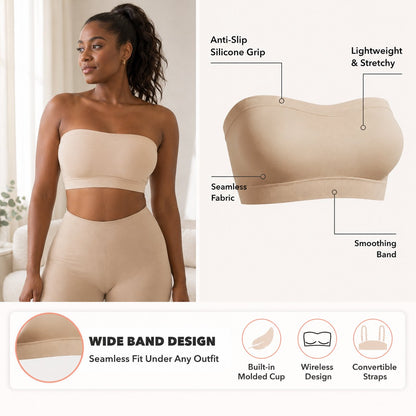 📢📢LIMITED-TIME  35%!!☀️Anti-Slip Grip & Removable Straps✨Convertible Strapless Bandeau Bra with Wireless Comfort👍Suitable for All Body Types