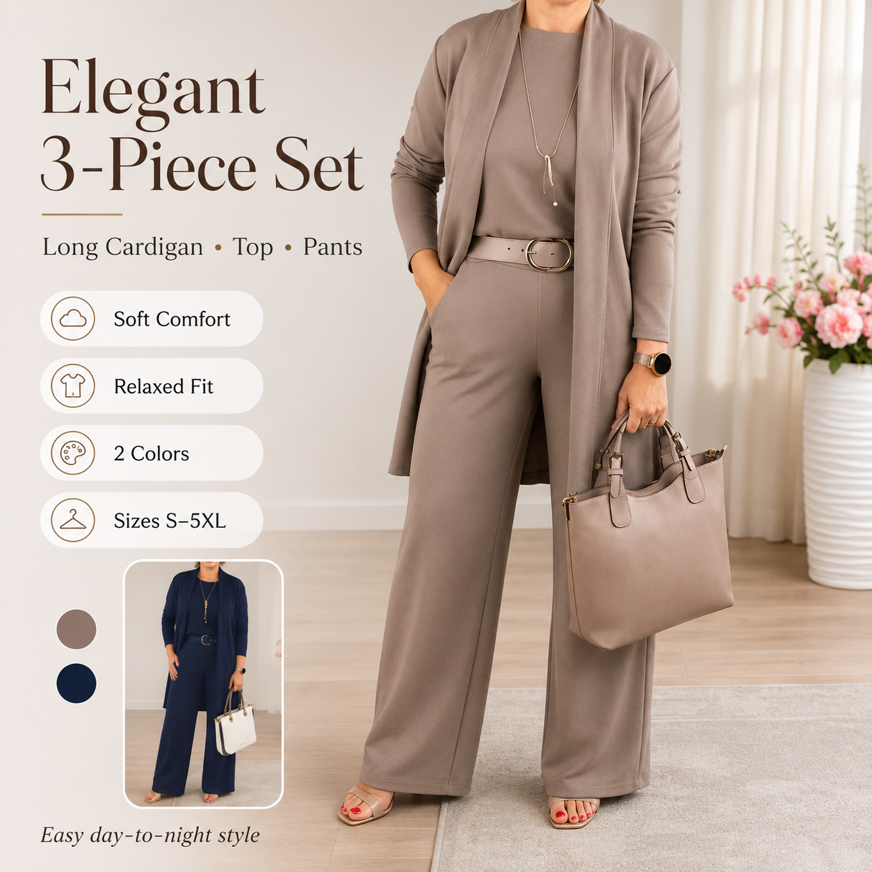 🔥2026 Hot Sale 50% OFF✨Elegant 3-piece set including long cardigan, top and pants💞