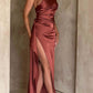 Fits Your Curves Satin One Shoulder Drape Slit Maxi Dress