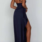 Fits Your Curves Satin One Shoulder Drape Slit Maxi Dress