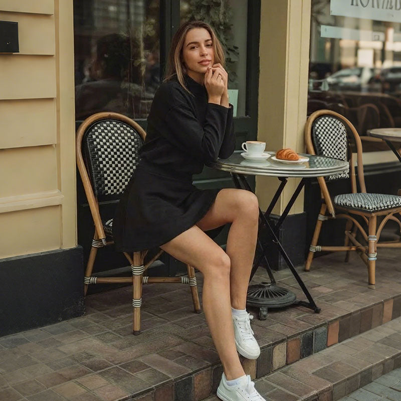 A Cozy Mock-Neck Knit Dress with a Classic A-Line Shape