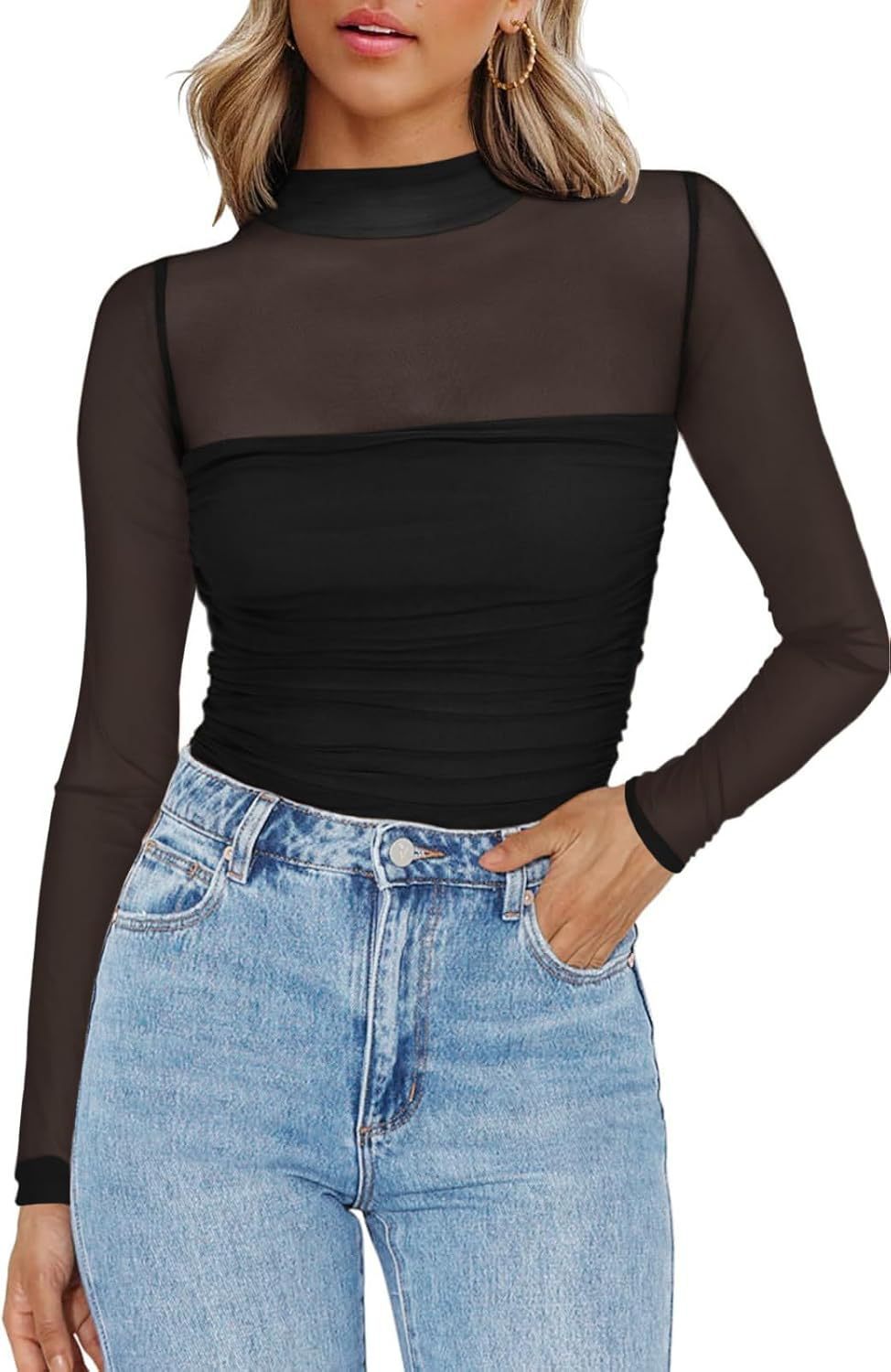 🎉Women's Sparkle Mesh Sheer Long Sleeve Ruched Top🌸
