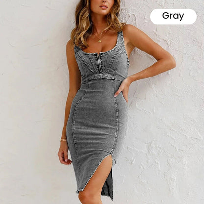 🌸Spring Specials🌸 Adjustable strap U-neck split denim bodycon cami dress