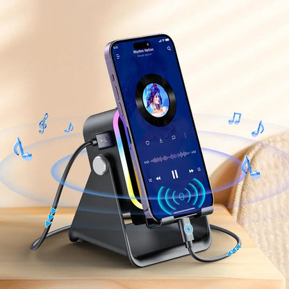 Wireless Induction Audio Speaker Stand, 5-in-1 Phone Stand, 1500mAh Rechargeable Emergency Power , 360° Adjustable Phone