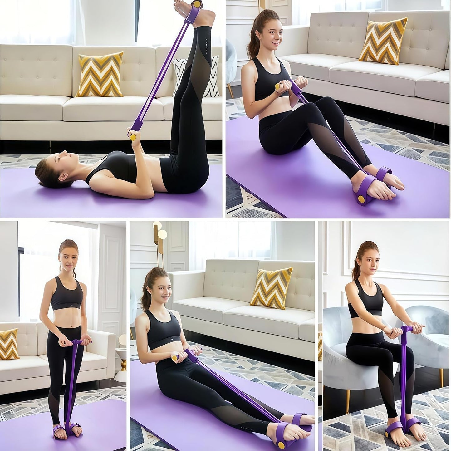 Multifunctional tension rope, 4-tube elastic yoga pedal tension belt, natural latex tension rope fitness equipment, for abdominal/waist/arm/leg stretching
