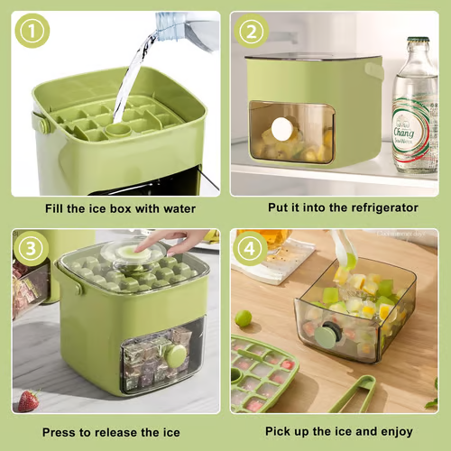 Ice Cube Maker with Storage Box – Makes 48 Cubes,  One-Touch Release, Leak-Proof | UK Stock
