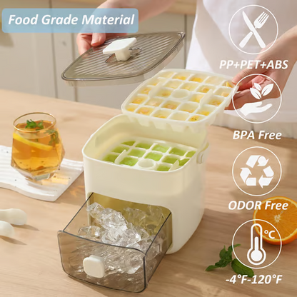 Ice Cube Maker with Storage Box – Makes 48 Cubes,  One-Touch Release, Leak-Proof | UK Stock