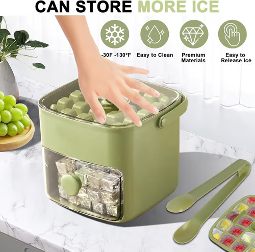 Ice Cube Maker with Storage Box – Makes 48 Cubes,  One-Touch Release, Leak-Proof | UK Stock