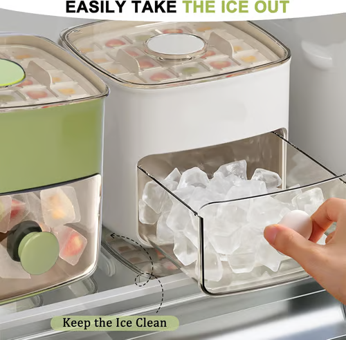 Ice Cube Maker with Storage Box – Makes 48 Cubes,  One-Touch Release, Leak-Proof | UK Stock