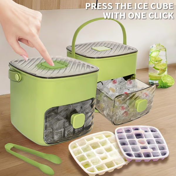 Ice Cube Maker with Storage Box – Makes 48 Cubes,  One-Touch Release, Leak-Proof | UK Stock