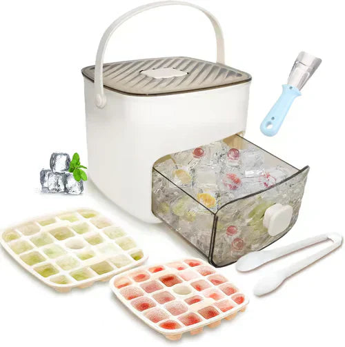 Ice Cube Maker with Storage Box – Makes 48 Cubes,  One-Touch Release, Leak-Proof | UK Stock