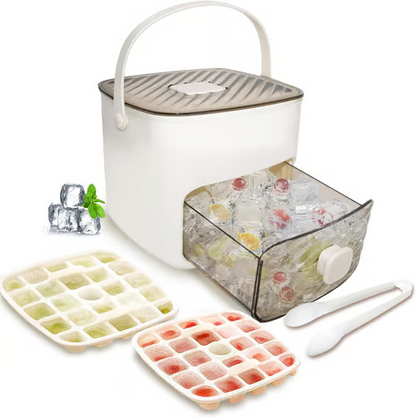 Ice Cube Maker with Storage Box – Makes 48 Cubes,  One-Touch Release, Leak-Proof | UK Stock