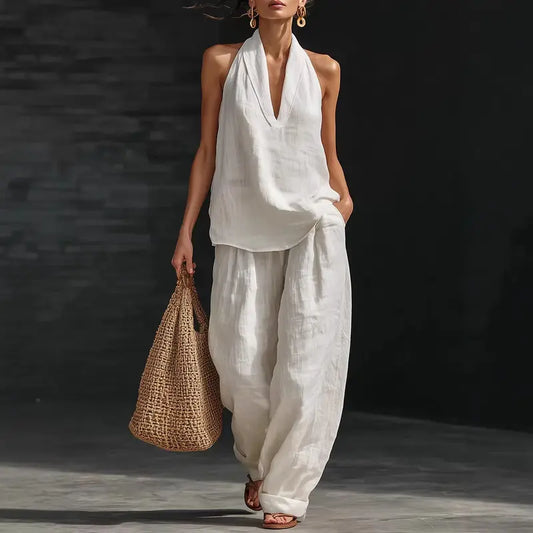 Boho Linen Two Piece Set - Halter Neck Sleeveless Top Wide Leg Pants Set