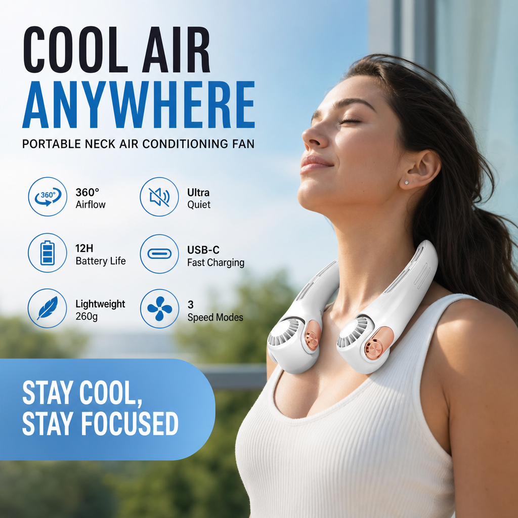 🌀💥 360° Rotating Neck Fan – Ultra Quiet, 3 Speeds, Hands-Free, Long Battery ✨