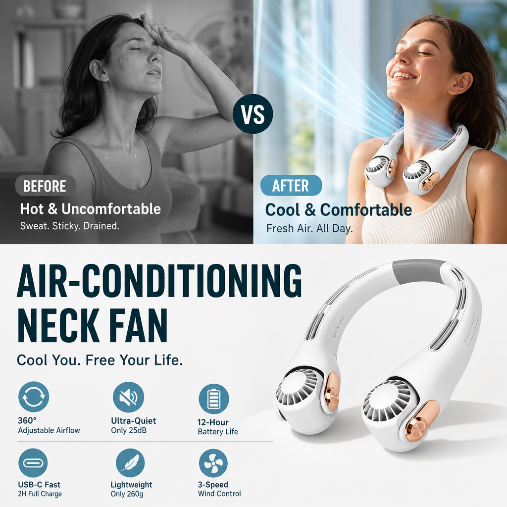 🌀💥 360° Rotating Neck Fan – Ultra Quiet, 3 Speeds, Hands-Free, Long Battery ✨