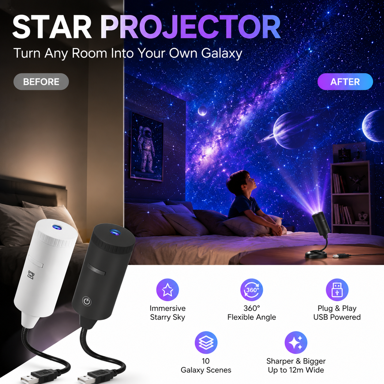 🌌🌙 USB Galaxy Moon Projector Night Light – Rotating Starry Sky, Soothing Sleep Ambience ✨✅
