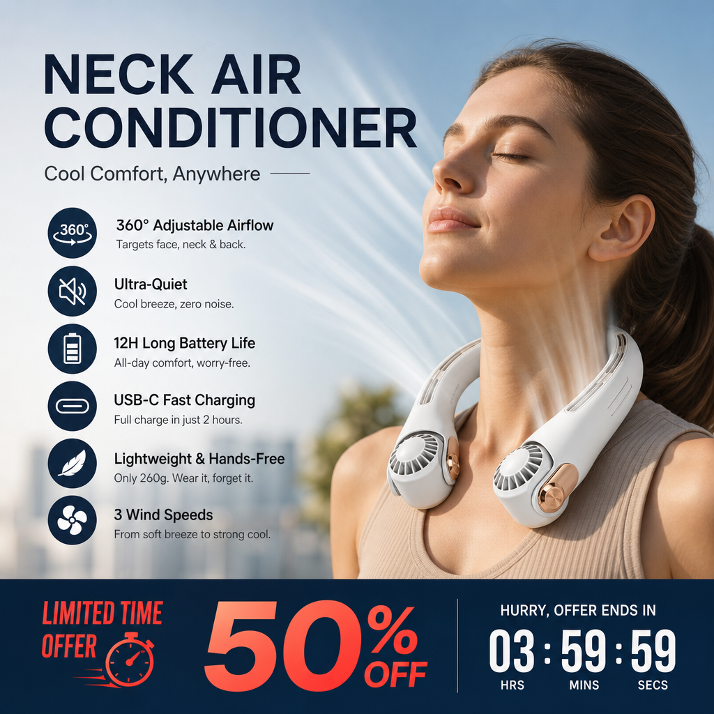 🌀💥 360° Rotating Neck Fan – Ultra Quiet, 3 Speeds, Hands-Free, Long Battery ✨