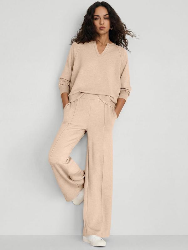 ✨ Women's Chic V-Neck 2-Piece Lounge Set – Relaxed Long-Sleeve Top, Flowy Wide-Leg Pants & Effortless Comfort for a Stylish, Put-Together Look at Home or On the Go! 🌸