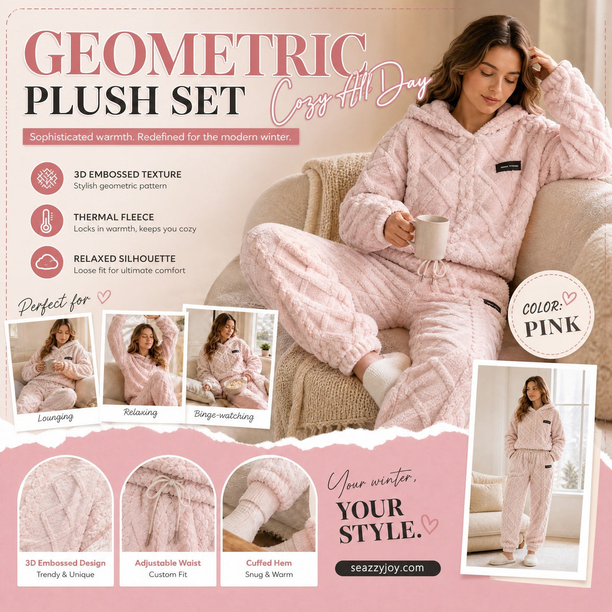 🔥 Freezing at Home but Tired of Bulky Winter Clothes? Wrap Yourself in Plush Comfort! Women's 2-Piece Geometric Fleece Hoodie & Jogger Set – Soft, Warm, Relaxed Fit with Stylish 3D Texture for Cozy Days In or Out!
