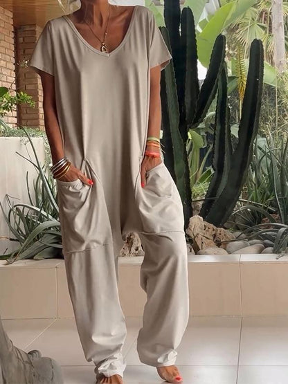 Casual V-neck Solid Color Jumpsuit