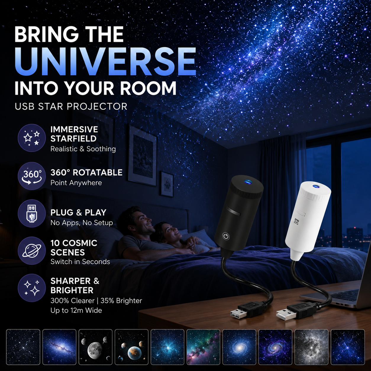 🌌🌙 USB Galaxy Moon Projector Night Light – Rotating Starry Sky, Soothing Sleep Ambience ✨✅