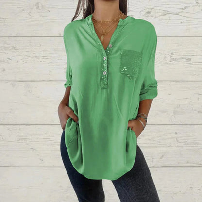 Women's Sequin Patchwork V-neck Shirt