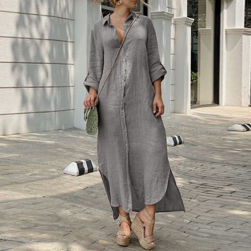 Women’s Casual Cotton Linen Shirt Style Button Dress