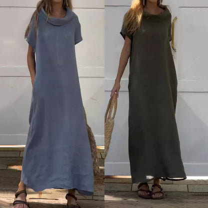 Vestido casual de algodón y lino con cuello vuelto para mujer