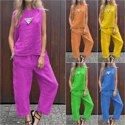 💕 Trajes de 2 piezas para mujer, ajuste holgado, camiseta sin mangas y pantalones largos.