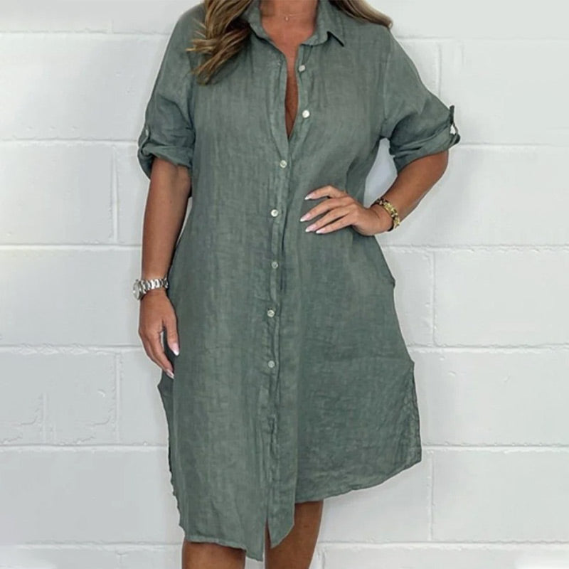 🔥Limited Time Offer 50% OFF💝Women's Cotton and Linen Button Shirt Dress