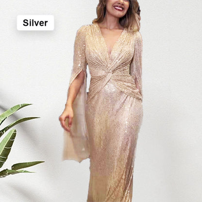 Shine Brighter Sequin Cape Sleeve Cross Waist Evening Maxi Dress