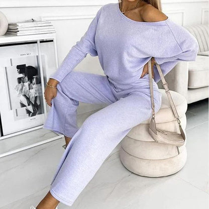 🍁 New Releases🍁Women's Solid Color Drop Shoulder Pullover and Loose Pants Set