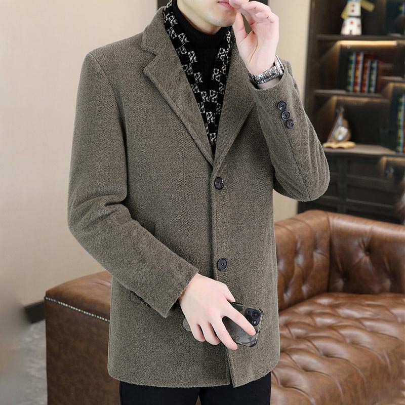 Men’s Stylish Notched Lapel Winter Tweed Jacket with White Duck Down Lining