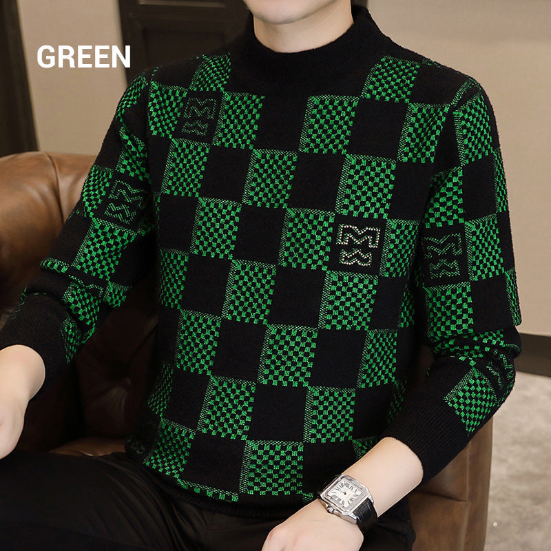 🔥New Year Promotion & Free Shipping🔥Men's Checkered Printed Mock Neck Thickened Pullover Sweater