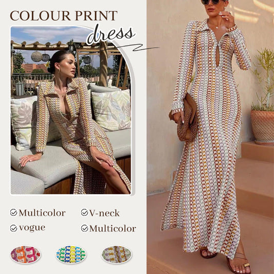 Bondi Beach Knit Colorful Wave Print Long Sleeve Vacation Maxi Dress