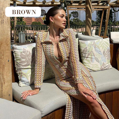 Bondi Beach Knit Colorful Wave Print Long Sleeve Vacation Maxi Dress