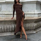 Temperament Off Shoulder Long Sleeve Irregular Hem Stretch Maxi Dress