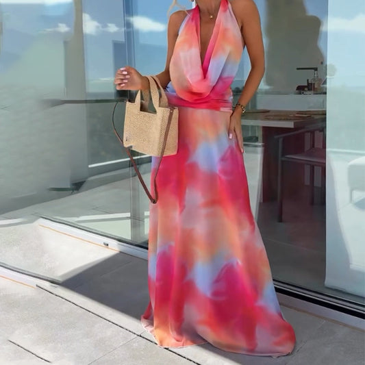 Women's Printed Ruched Halter Neck Dress