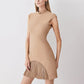 Military Style Cap Sleeve High Neck Patchwork Pleated Hem Mini Dress