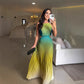 Fashionable Backless Tie Elegant Gradient Pleated Maxi Dress
