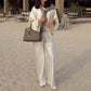 Silky and Elegant Satin Wide Neck Long Sleeve Loose Top and Elastic Waist Wide Leg Pants Set