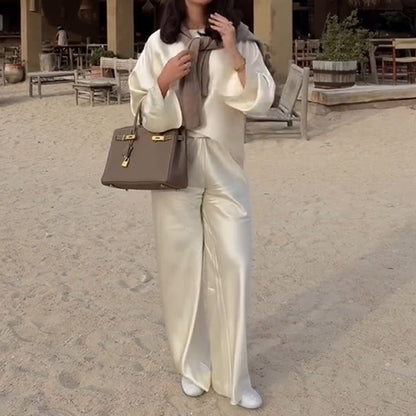 Silky and Elegant Satin Wide Neck Long Sleeve Loose Top and Elastic Waist Wide Leg Pants Set