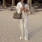 Silky and Elegant Satin Wide Neck Long Sleeve Loose Top and Elastic Waist Wide Leg Pants Set