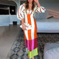 Kaya Linen Blend Color Block Print Front Cutout Knot Puff Sleeve Maxi Dress